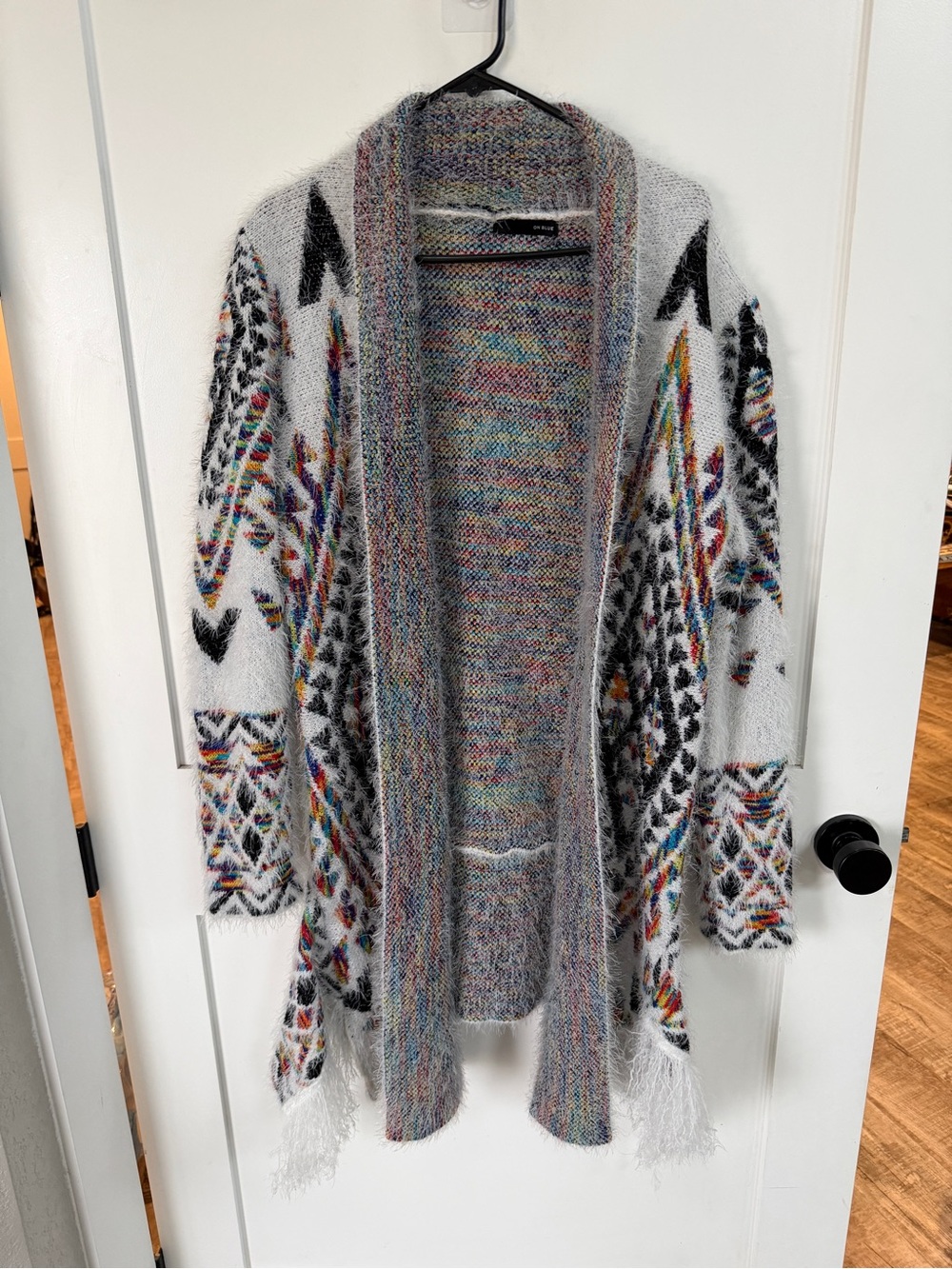 ON BLUE Aztec Boho Geometric Open Cardigan Fuzzy Sweater Size L